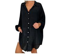 AMhomely Ladies Tops Oversized Button Down Shirt Women Plus Size Rolled Long Sleeve Cotton Linen Blouses Solid Laple Casual Office Tunic Tees Pullover Dressy Tops Going Out 01 Black XXL