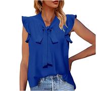 AMhomely Ladies Tops Sleeveless Vests Tops UK Womens Tie Neck Blouses Summer Causal Ruffle Trim Sleeveless Shirts Longline Tunics Summer Elegant Blouses