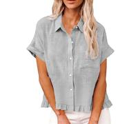 AMhomely Ladies Tops Summer-Oversized Blouses for Women,Cropped Button Down Shirt,Short Sleeve Casual Office Shirts with Ruffle Hem,Oversized Loose Pullover Tees,Breasted Pocket A Grey M