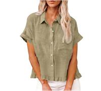 AMhomely Ladies Tops Summer-Oversized Blouses for Women,Cropped Button Down Shirt,Short Sleeve Casual Office Shirts with Ruffle Hem,Oversized Loose Pullover Tees,Breasted Pocket A Green S