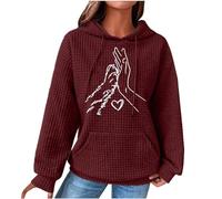 AMhomely Ladies Waffle Hoodie Sweatshirt Size 16 Long Sleeve Womens Tops Cute Dog Paw With Hand Print Tops Loose Fit Casual Hooded Pullover Tops Shirts With Pocket Love Animal Shirts Blouse Wine L