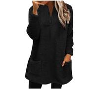 AMhomely Ladies Womens Soft Teddy Fleece Hooded Jumper Plus Size Double Hoodies With Pocket V Neck Sweatshirts Plain Pullover Tops Winter Lightweight Lounge Black L