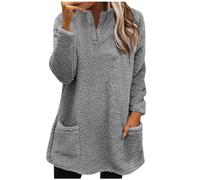 AMhomely Ladies Womens Soft Teddy Fleece Hooded Jumper Plus Size Double Hoodies With Pocket V Neck Sweatshirts Plain Pullover Tops Winter Lightweight Lounge Grey XL