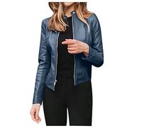 AMhomely Leather Jackets for Women Cropped Coats Full Zipper Stand Collar Long Sleeve Tunics Tops Windproof Trench Coats Ladies Casual Biker Jackets Bomber Moto Jacket UK, 01 Blue, XL