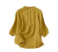 AMhomely Linen Cotton Top Ladies Half Button Shirt Women Plus Size Business Office Casual Shirts Vintage Blouson Tops Grandad Collar Pullover Blouse Loose 3/4 Sleeve Tee Shirts Holiday Yellow 4XL