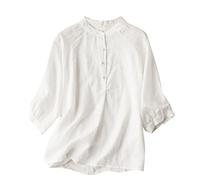 AMhomely Linen Cotton Top Ladies Half Button Shirt Women Plus Size Business Office Casual Shirts Vintage Blouson Tops Grandad Collar Pullover Blouse Loose 3/4 Sleeve Tee Shirts Holiday White XL