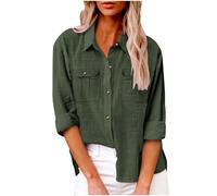 AMhomely Linen Long Sleeve Blouses for Women UK Oversized Button Down Shirt Cargo Pocket Ladies Tops 2025 Casual Office Tees Shirts Solid Elegant Dressy Tops D02 Army Green M