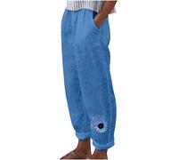 AMhomely Linen Pants for Women Summer Casual Loose Long Trouser Sunflower Print Jogger Pants Elastic High Waist Cotton Linen Trousers, 01 Blue
