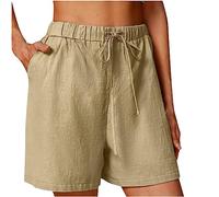 AMhomely Linen Shorts with Pockets for Women Summer Elastic Waist Drawstring Shorts Casual Beach Hotpants Fitness Yoga Shorts Loose Fit Pants UK, 01 Khaki