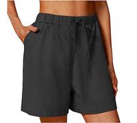 AMhomely Linen Shorts with Pockets for Women Summer Elastic Waist Drawstring Shorts Casual Beach Hotpants Fitness Yoga Shorts Loose Fit Pants UK, 01 Black