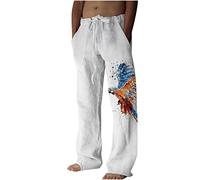 AMhomely Linen Trousers Men Casual Pants for Men Wide Legs Palazzo Pants Summer Printed Wide Leg Ethnic Printed Drawstring Sports Yoga Summer Beach Holiday Trousers White XL