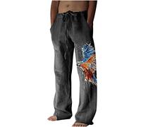 AMhomely Linen Trousers Men Casual Pants for Men Wide Legs Palazzo Pants Summer Printed Wide Leg Pants Ethnic Printed Drawstring Sports Pants Yoga Pants Summer Beach Holiday Trousers Grey L