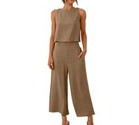 AMhomely Linen Trousers Suits Womens 2 Piece Work Suits Sleeveless Vest Tops Matching Wide Legs Trousers Sets Back Button Unique Outfits Summer Casual Sets Ladies Vacation Outfits Brown M