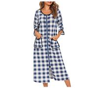 AMhomely Long Nightshirt for Women UK 3/4 Sleeve Nightdress Zip Up Ladies Plaid Casual Sleepwear Dress Loose Fit Checked Pajamas Dress with Pocket Casual Nightwear Homewear Dressing Gown Blue M