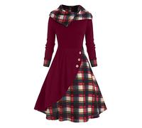AMhomely Long Sleeve Dress Mid Length Tunic Dress for Women Gothic Vintage Plaid Panel Hooded Button Dress Retro Dark Midi Dress Ladies Summer Beach Sundresses Sale UK Clearance