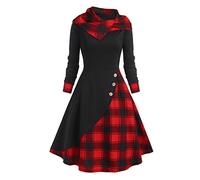 AMhomely Long Sleeve Dress Mid Length Tunic Dress for Women Gothic Vintage Plaid Panel Hooded Button Dress Retro Dark Midi Dress Ladies Summer Beach Sundresses Sale UK Clearance