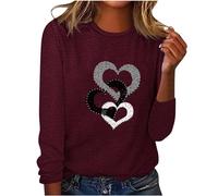 AMhomely Long Sleeve T Shirt Women Loose Ladies Graphic Sweatshirt Streetwear Heart Print Pullover Tops Plus Size Crewneck Casual Tee Shirts Love Graphic Tunic Tops Loose Fit Pullover Wine L