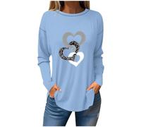 AMhomely Long Sleeve Tops Women Plus Size Ladies Heart Print Blouse Vintage Love Graphic Print Casual Blouse Crewneck Cute Graphic Pullover Tops Longline Tops Shirts Tee Shirts Office Light Blue 4XL