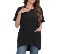 AMhomely Long T Shirts for Women UK Summer Short Sleeve Shirts with Pocket Tees Hanky Hem Solid Loose Pullover Tops Dressy Sportswear T Comfort Casual Tees Blouse Black M