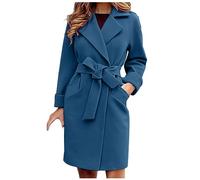 AMhomely Long Woolen Winter Coats for Women UK Lapel Button Down Windbreak Mid-Length Coat Solid Color Double Breasted Coats Loose Casual Overcoat with Belt Ladies Elegant Woolen Trench Blue M