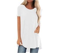AMhomely Longline Loose T Shirts for Women UK Ladies Plus Size Tunic Top Short Sleeve Casual Pullover Tops Blouse Solid Loose Tees Shirts Holiday Vacation T Crewneck Baggy Palin Tops White 4XL