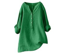 AMhomely Longline Tops for Women UK Summer Cotton Linen Blouse Plus Size Tunic Tops Grandad Collar Casual Dress Blouse Elegant Business Office Work Tee Shirts Loose Rolled Long Sleeve Shirts Green M