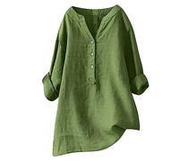 AMhomely Longline Tops For Women Uk Summer Cotton Linen Blouse Plus Size Tunic Tops Grandad Collar Casual Dress Blouse Elegant Business Office Work Tee Shirts Loose Rolled Long Sleeve Shirts Green XXL