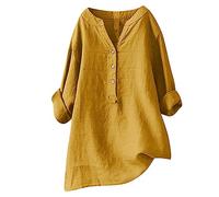 AMhomely Longline Tops For Women Uk Summer Cotton Linen Blouse Plus Size Tunic Tops Grandad Collar Casual Dress Blouse Elegant Business Office Work Tee Shirts Loose Rolled Long Sleeve Shirts Yellow XL