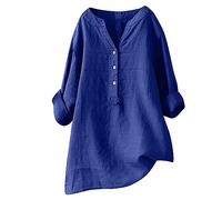 AMhomely Longline Tops for Women UK Summer Cotton Linen Blouse Plus Size Tunic Tops Grandad Collar Casual Dress Blouse Elegant Business Office Work Tee Shirts Loose Rolled Long Sleeve Shirts Blue XXL