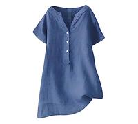 AMhomely Longline Tunic Tops for Women UK Cotton Linen Blouse Plus Size Tunic Tops Grandad Collar Casual Dress Blouse Elegant Business Office Work Tee Shirts Summer Short Sleeve Shirts Blue 4XL