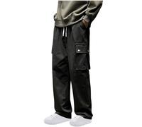 AMhomely Loose Fitting Wide Leg Cargo Trousers for Men UK Mens Chinos Regular Fit Elasticated Waist Cargo Trousers with Pocket Plain Baggy Sweatpants Straight Leg Trousers Joggers Black 3XL