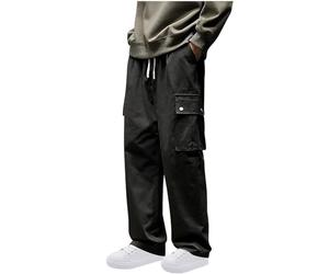 AMhomely Loose Fitting Wide Leg Cargo Trousers for Men UK Mens Chinos Regular Fit Elasticated Waist Cargo Trousers with Pocket Plain Baggy Sweatpants Straight Leg Trousers Joggers Black 3XL