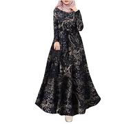 AMhomely Maxi Long Dresses for Women UK Cotton Linen Muslim Spring Autumn Dress Long Sleeve Floral Button Robes Ladies Going Out Outfits Party Wedding Guest Dresses