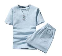 AMhomely Men'S 2 Piece Casual Linen Outfits Lounge Wear Sets Chinese Style Summer Casual Outfits Solid Color Short-Sleeve T-Shirt Trousers Suit Plus Size Pajamas Set Blue XL