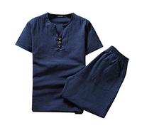 AMhomely Men'S 2 Piece Casual Linen Outfits Lounge Wear Sets Chinese Style Summer Casual Outfits Solid Color Short-Sleeve T-Shirt Trousers Suit Plus Size Casual Pajamas Set Navy M