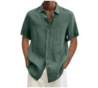 AMhomely Mens Casual Cotton Linen Shirt Summer Short Sleeve Button Down Shirts Lightweight Henley Shirt Tops Lapel Oversized Dress Tops Turn Down Collar Fancy Shirts Plus Size Casual T Green M