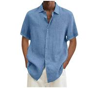AMhomely Mens Casual Cotton Linen Shirt Summer Short Sleeve Button Down Shirts Lightweight Henley Shirt Tops Lapel Oversized Dress Tops Turn Down Collar Fancy Shirts Plus Size Casual T Light Blue L