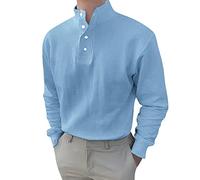 AMhomely Mens Cotton Linen Shirts UK Mens Vintage Shirts Tops with Collar Fancy Casual Solid Color V Stand Collar Bottoming Shirt Lapel Henley Shirt Undershirt Turtleneck Blouse Light Blue XXL
