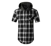 AMhomely Men'S Hoodies Checked Shirt Short Sleeve Hooded Top Men Vintage Office Casual Tunic Shirts Plaid Print Button Long Tops With Hood Classic Ginhams Shirt Hooded Blouse Cardigan Black XXL