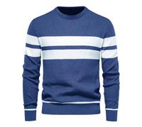 AMhomely Men's Jumpers Knitted Pullover Sweater UK Man Long Sleeve Round Neck Stripe Trendy Casual Comfortable Blouse Sweater Comfort Golf Tops Knitwear Dark Blue L