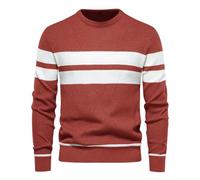 AMhomely Men's Jumpers Knitted Pullover Sweater UK Man Long Sleeve Round Neck Stripe Trendy Casual Comfortable Blouse Sweater Comfort Golf Tops Knitwear Red