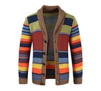 AMhomely Mens Knitted Jumper Ethnic Knitted Sweater Cardigan Jacket Casual Rainbow Stripe Color Cardigan Sweater Contrast Color Knitwear Long Sleeve Top Coat Knitwear Knit Men Office Work Pink M