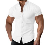 AMhomely Mens Linen Shirts Plus Size Cotton Short Sleeved Shirts Regular Fit Casual Summer Grandad Collar Casual Smart Tunic Tops Solid Button Up Beach Henley Shirt White L