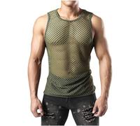 AMhomely Mens Mesh Vest Top Fishnet Tank Top Mens Sexy Muscle Sleeveless Muscle Vests Hollow Out Sheer Workout T Shirt Going Out Clubwear Mesh Camisole Tops See Through Tees Shirts Army Green M