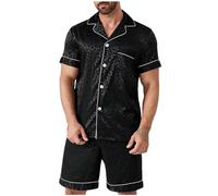 AMhomely Mens Satin Pyjamas Shorts Set Loungewear Sleepwear Summer Nightwear Leopard Tops and Bottom Sleeping Suit Pjs Classic Night Dress Short Sleeve Shirt Trouser Homewear Clearance Black XXL
