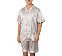 AMhomely Mens Satin Pyjamas Shorts Set Short Sleeve Button Down Sleepwear Faux Silk Nightwear Two Pieces Loungewear with Pockets Elastic Waist Pyjama Shorts Satin Nightwear Silver L