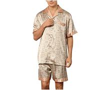 AMhomely Mens Satin Pyjamas Shorts Set Short Sleeve Button Down Sleepwear Faux Silk Nightwear Two Pieces Loungewear with Pockets Elastic Waist Pyjama Shorts Satin Nightwear Khaki XL