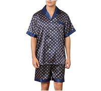 AMhomely Mens Satin Pyjamas Shorts Set Short Sleeve Button Down Sleepwear Faux Silk Nightwear Two Pieces Loungewear with Pockets Elastic Waist Pyjama Shorts Satin Nightwear Clearance Dark Blue XXL