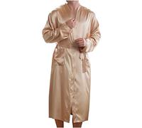 AMhomely Mens Satin Robe Lightweight Silk Long Sleeve Bathrobe Faux Silk Satin Robe Kimono Dressing Gown Classic Solid Robe Nightgown Sleepwear Long Length Night Robe for Wedding Party Khaki 3XL
