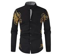 AMhomely Mens Shirts Long Sleeve Button Down Dressy Tops Stage Performance Stamped Gold Printed Blouse Tops Lapel Business Casual Shirts Chinese Dragon Print Fancy Shirts Casual Office Work Black 3XL